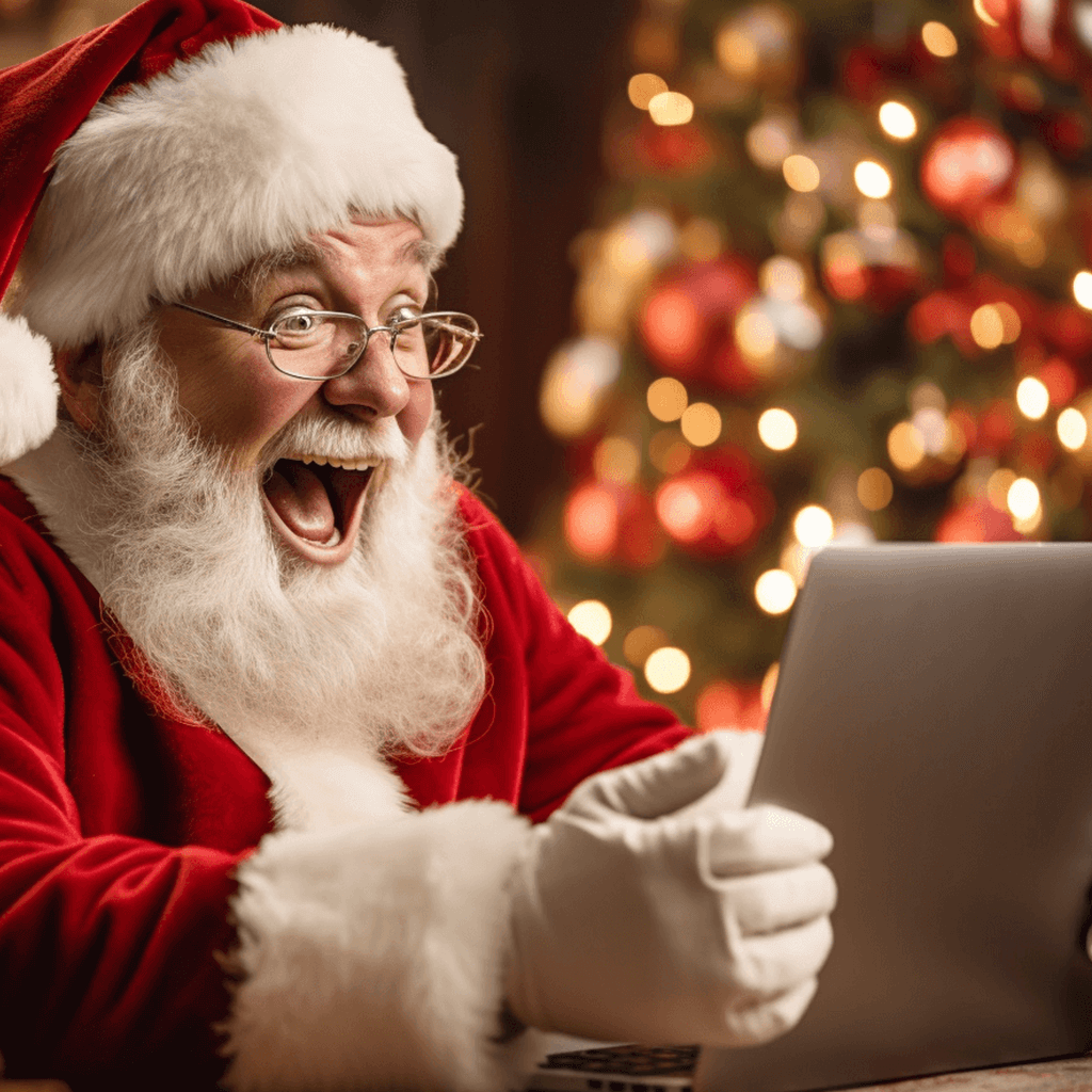 Santa at his computer doing a live video chat